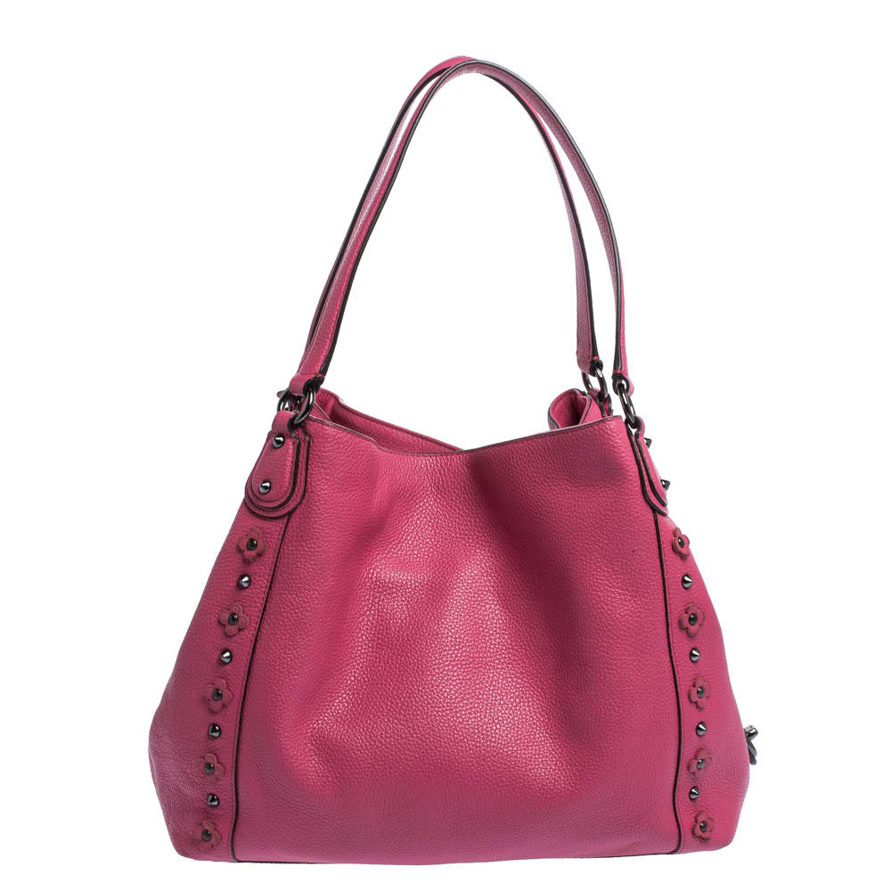 Pre Owned Coach Fuchsia Leather Edie Studded Shoulder Bag