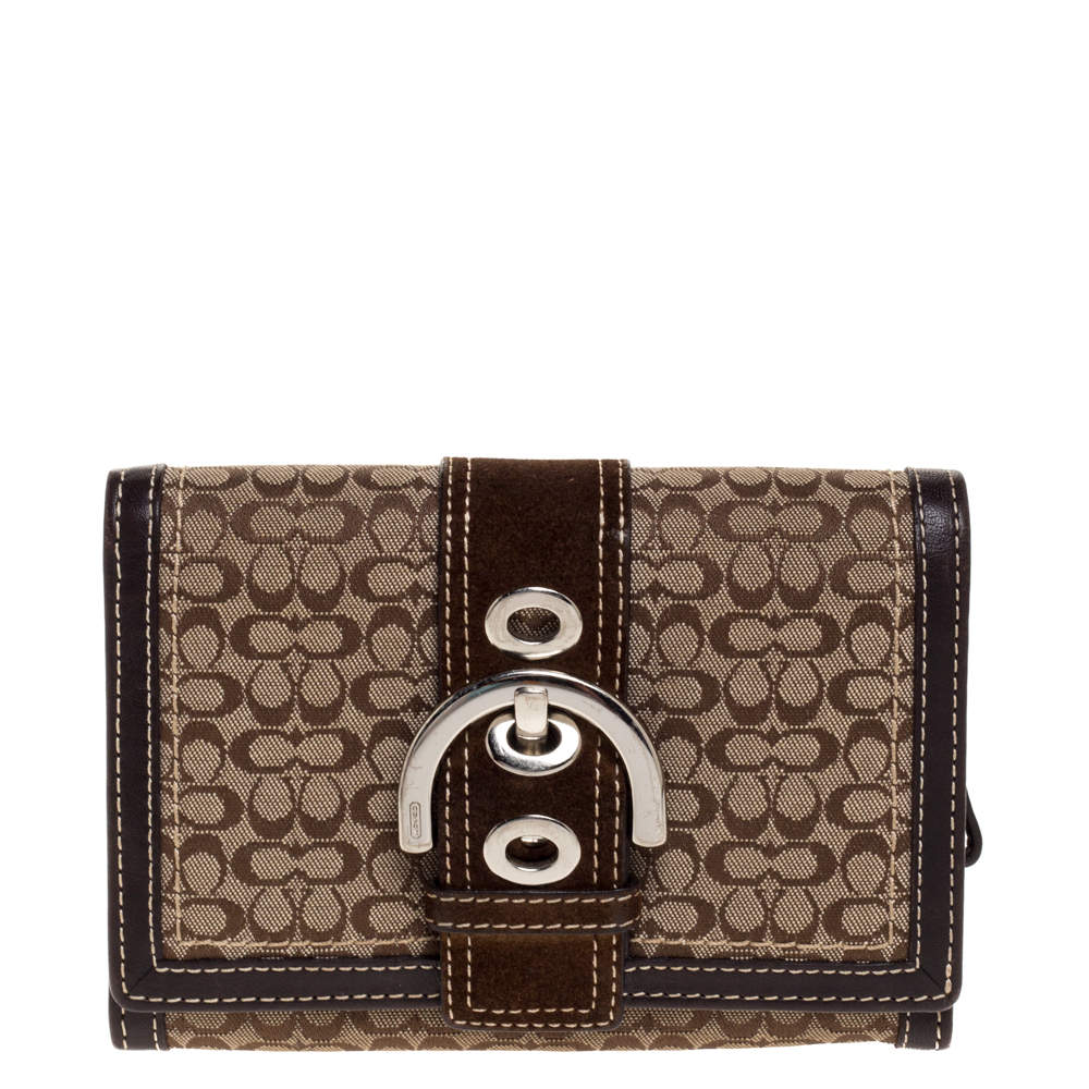 Coach Brown Signature Buckle Flap Compact Wallet Coach | The Luxury Closet