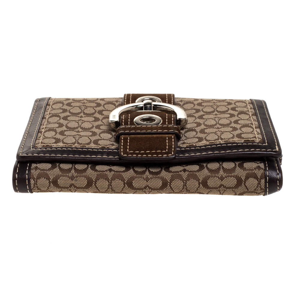 Coach Brown Signature Buckle Flap Compact Wallet Coach