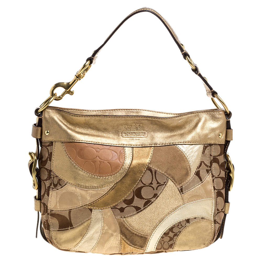 Coach Beige/Metallic Signature Patched Canvas and Leather Hobo
