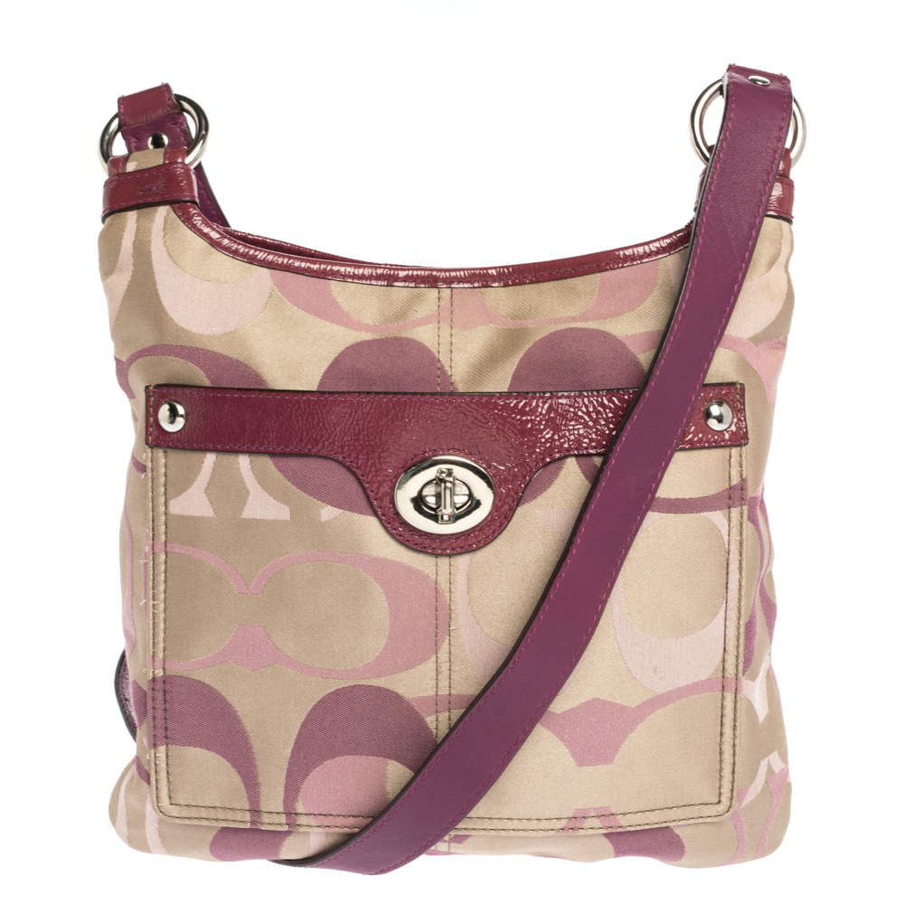 Pre Owned Coach Beige/Purple Canvas and Patent Leather Crossbody Bag