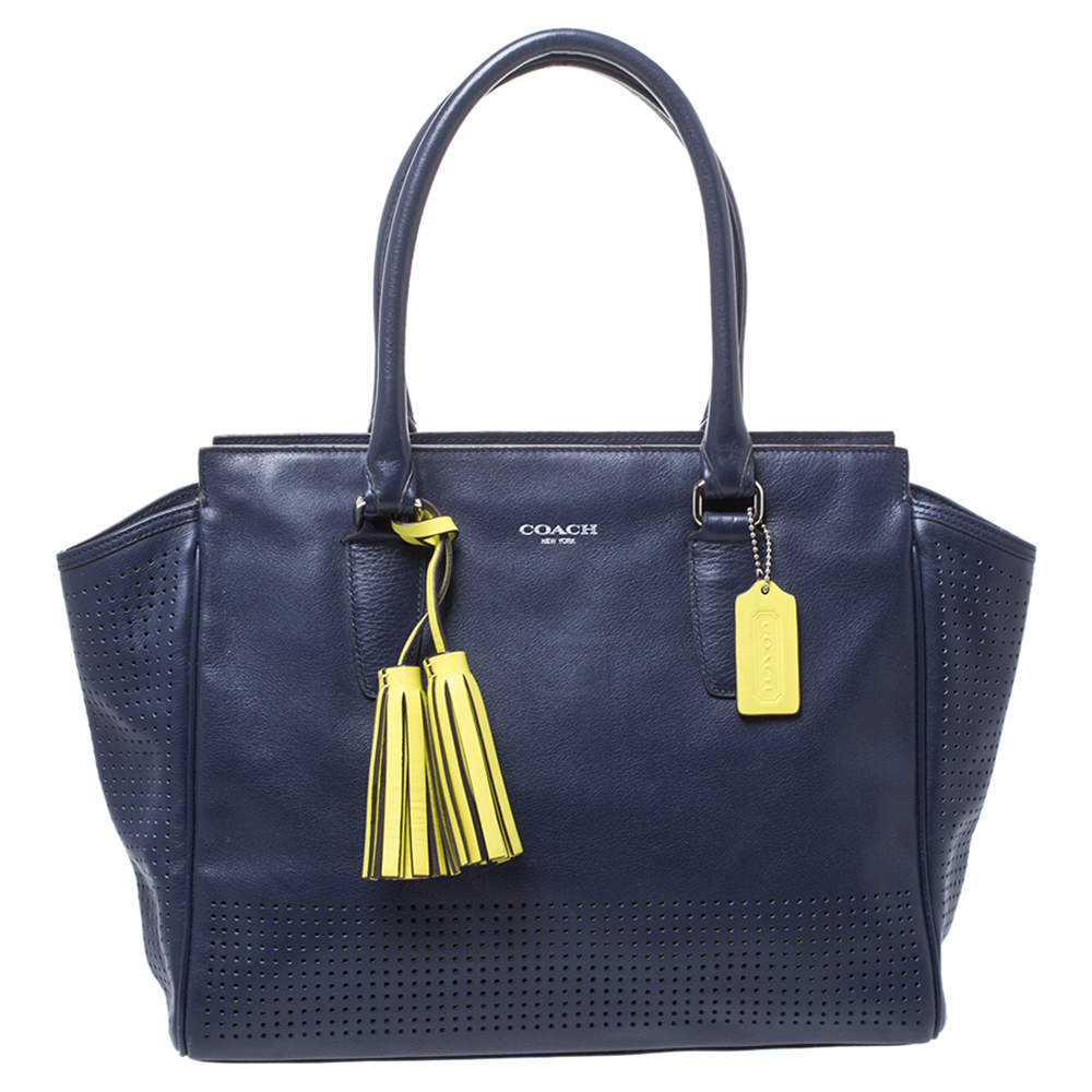 Coach Navy Blue/Green Perforated Leather Candace Caryall Tote