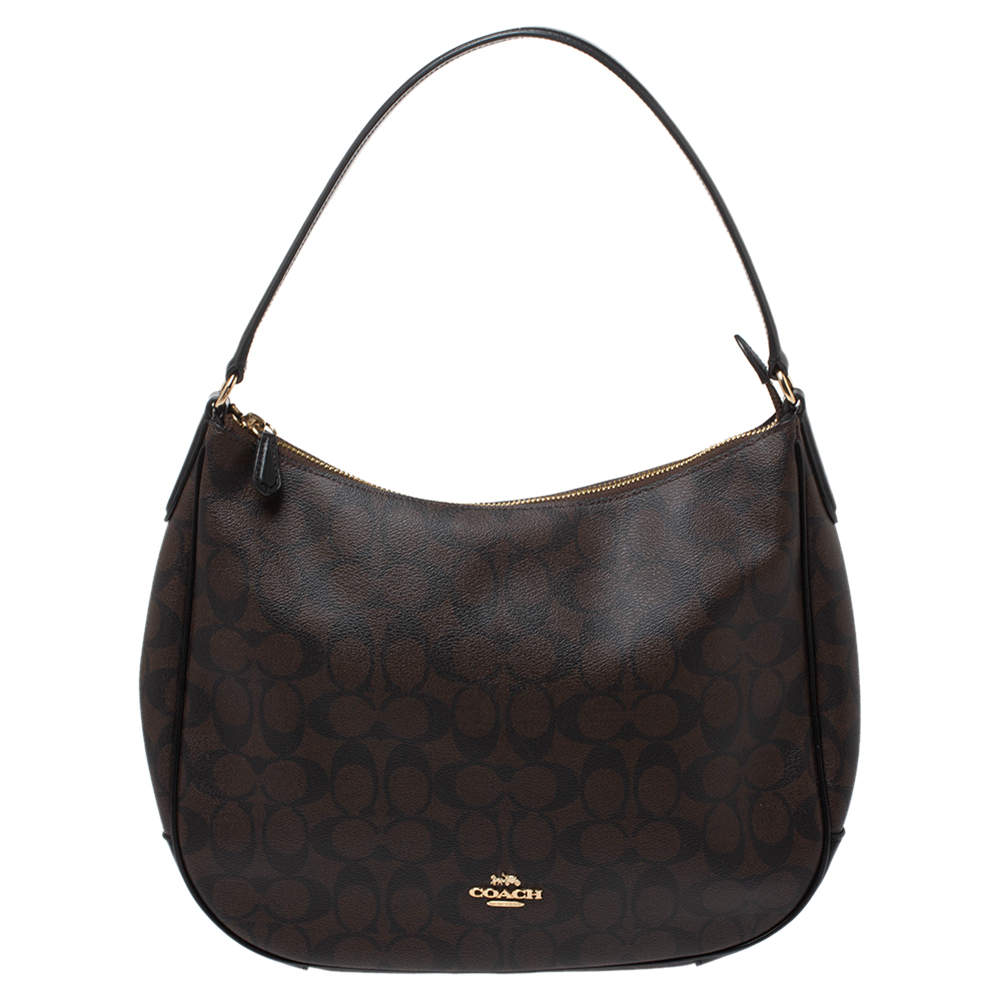 Pre Owned Coach Brown Signature Coated Canvas and Leather Zip Hobo