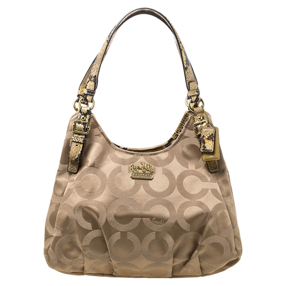 Pre Owned Coach Beige Signature Canvas and Snakeskin Effect Leather Hobo