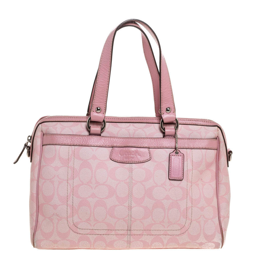 Pre Owned Coach Pink Signature Coated Canvas and Leather Satchel