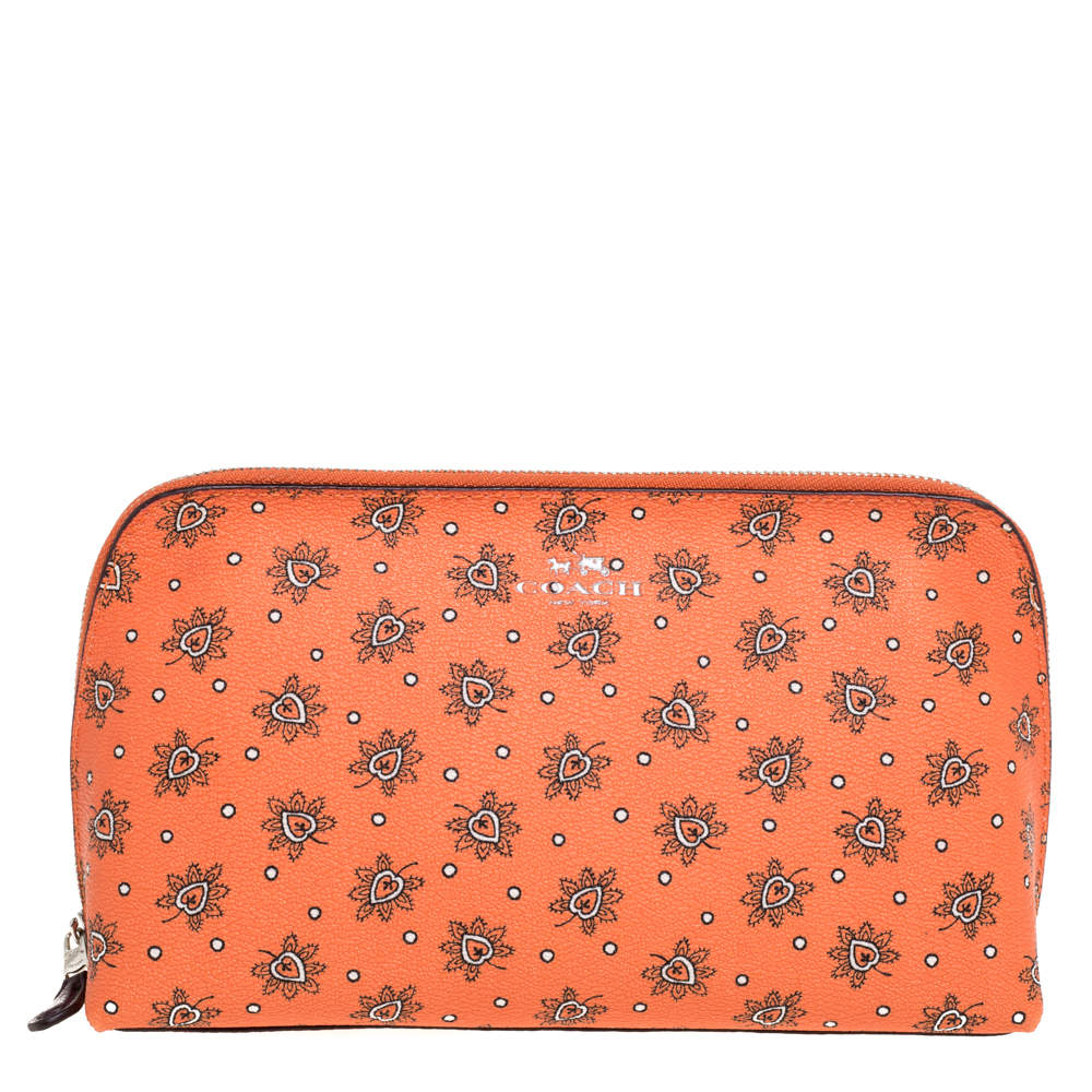 حقيبة ماكياج صغيرة كوتش كانفاس مقوى مطبوع بلوم برتقالي 