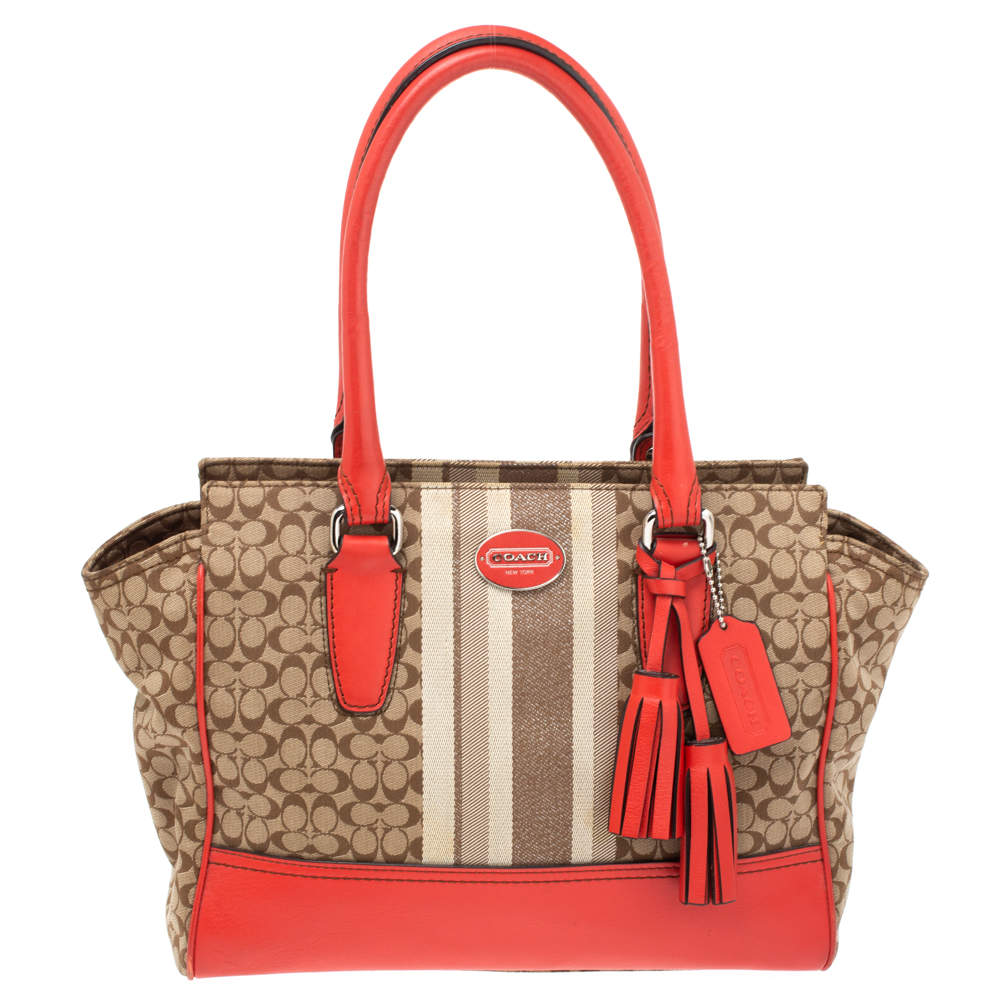 Pre Owned Coach Beige/Orange Signature Canvas and Leather Tote