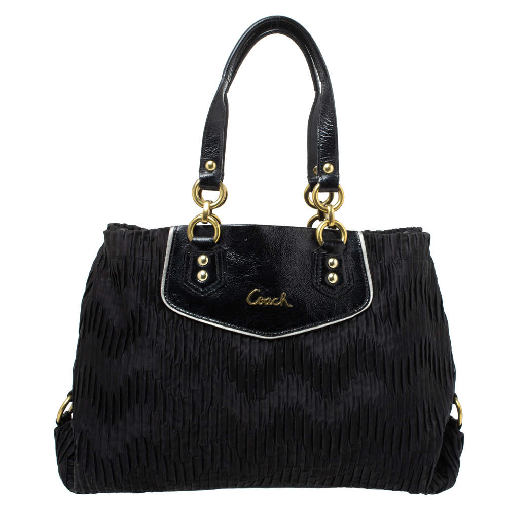 Pre Owned Coach Black Pleated Satin and Patent Leather Tote
