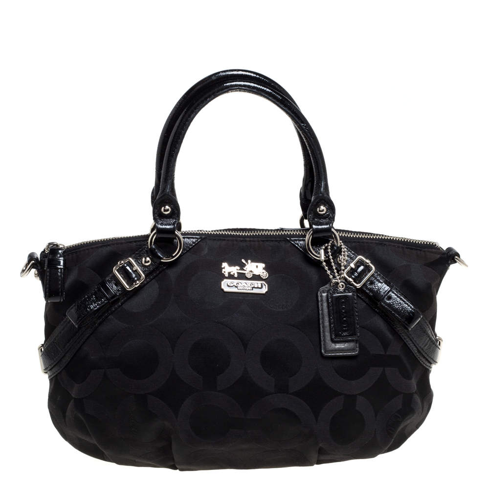 Coach Black Signature Canvas and Patent Leather Sophia Satchel