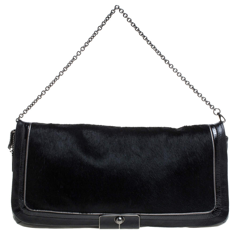 Pre Owned Coach Black Calfhair and Leather Flap Chain Clutch
