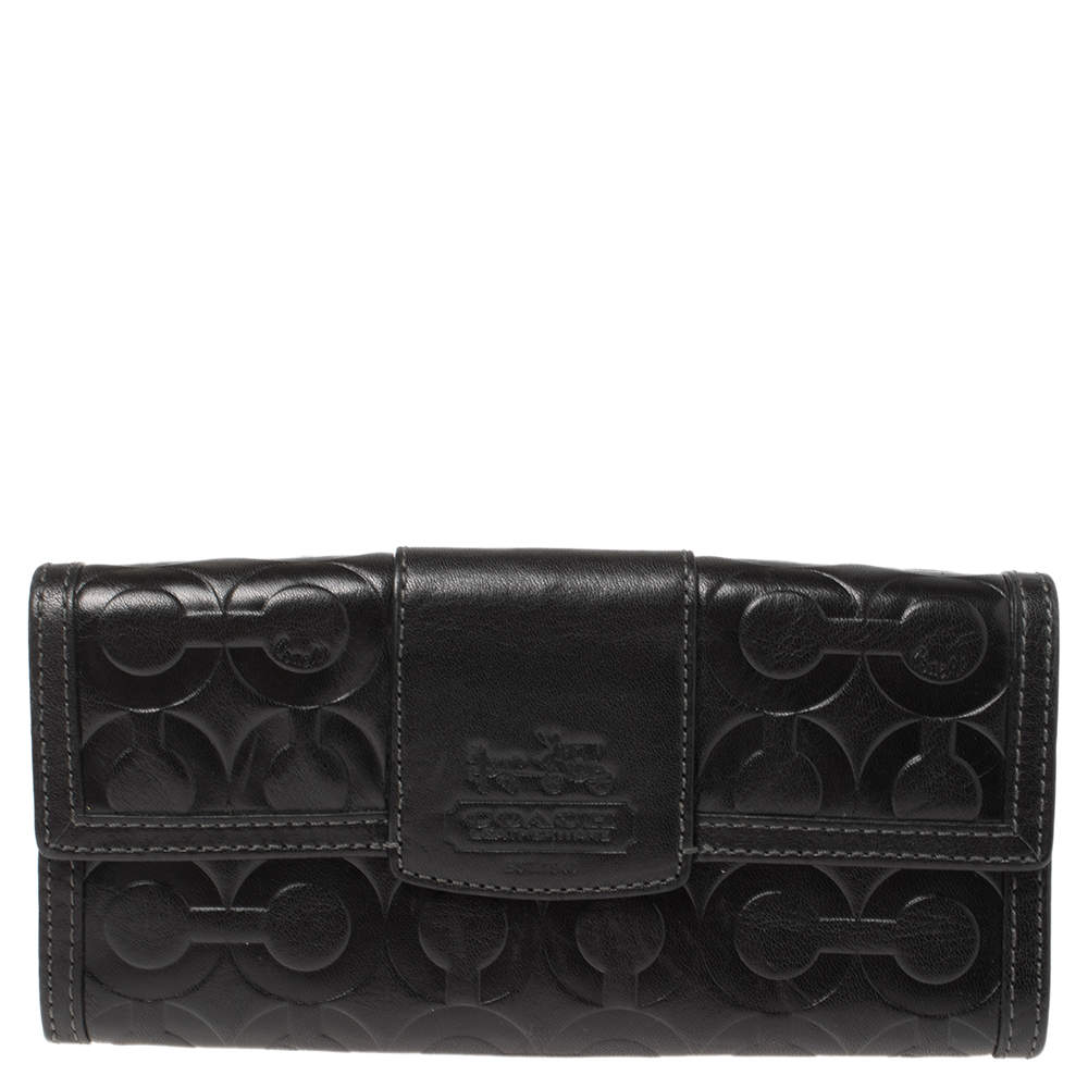 Pre Owned Coach Black Signature Embossed Leather Flap Wallet
