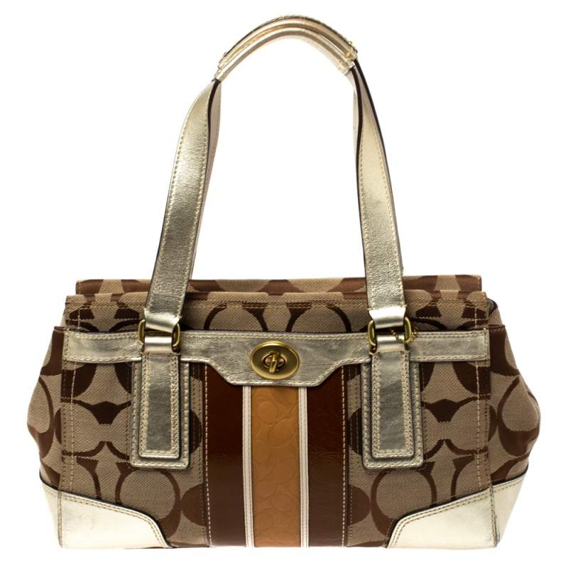 Coach Beige/Gold Canvas and Leather Hampton Tote