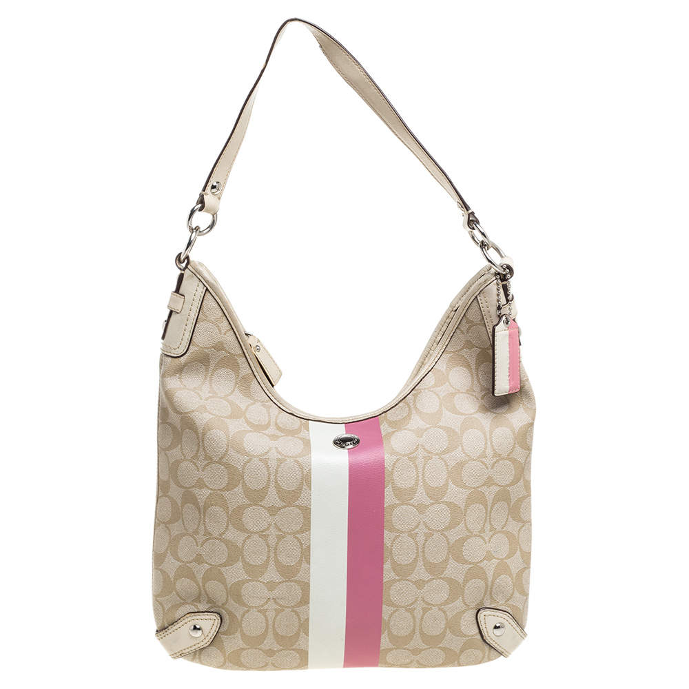 Coach Beige/Cream Signature Coated Canvas and Leather Hobo