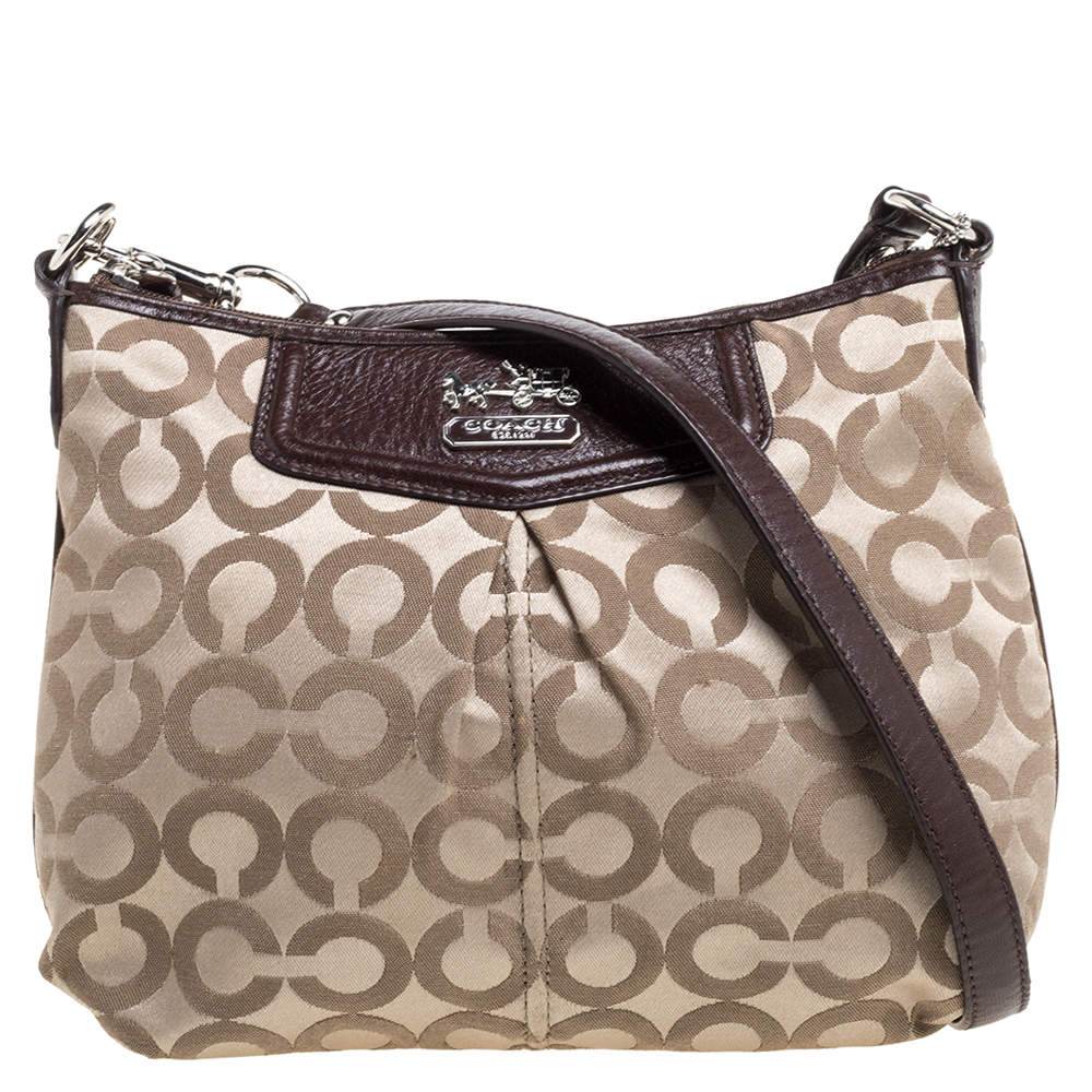 Pre Owned Coach Brown/Beige Signature Canvas and Leather Zip Shoulder Bag