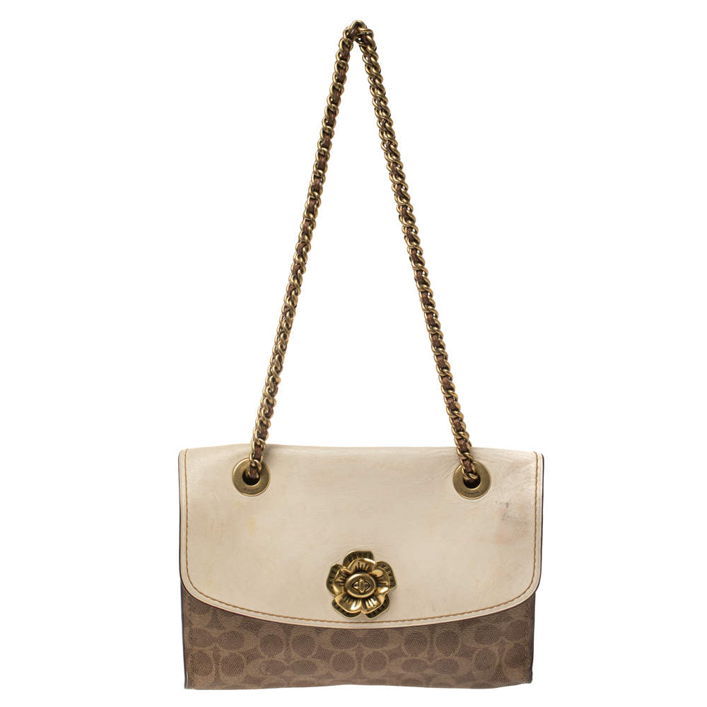 مملوكة مسبقًا حقيبة كتف كوتشي كانفاس مقوى بيج/بني بالشعار وجلد