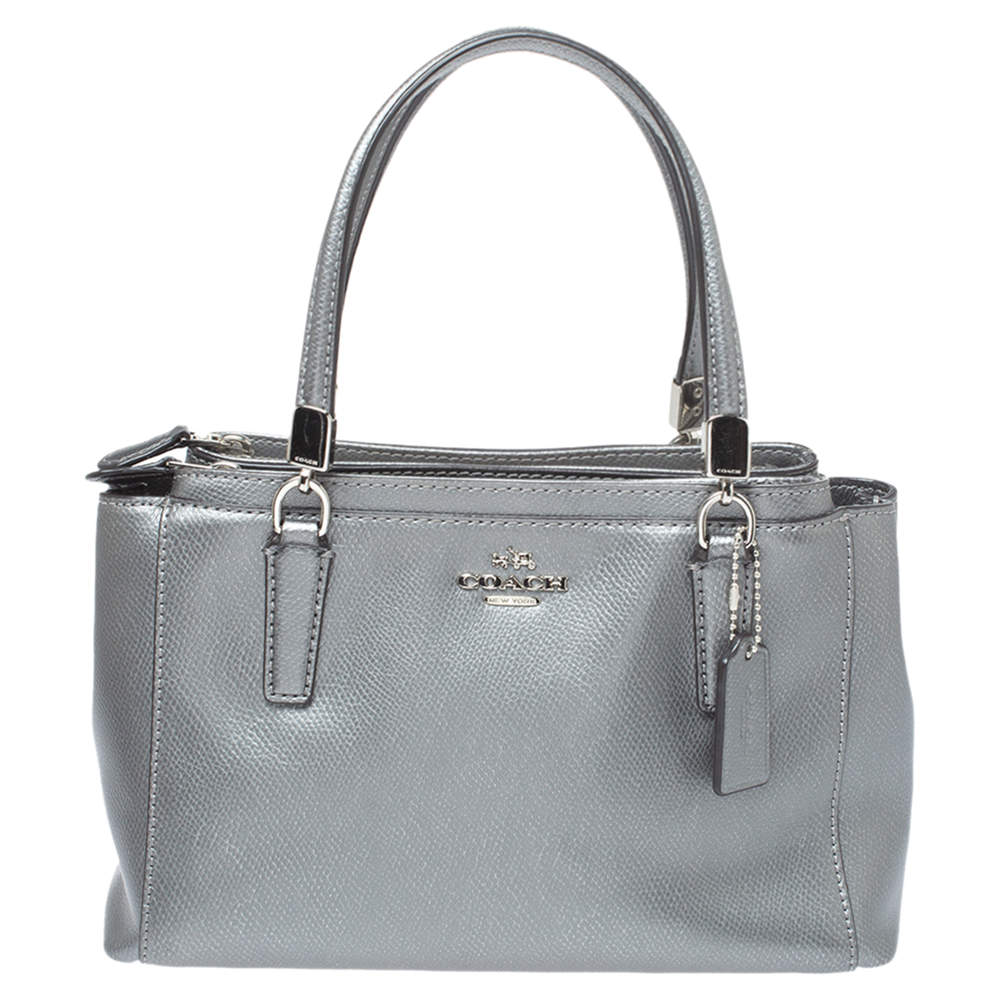 Pre Owned Coach Metallic Grey Leather Mini Christie Double Zip Tote