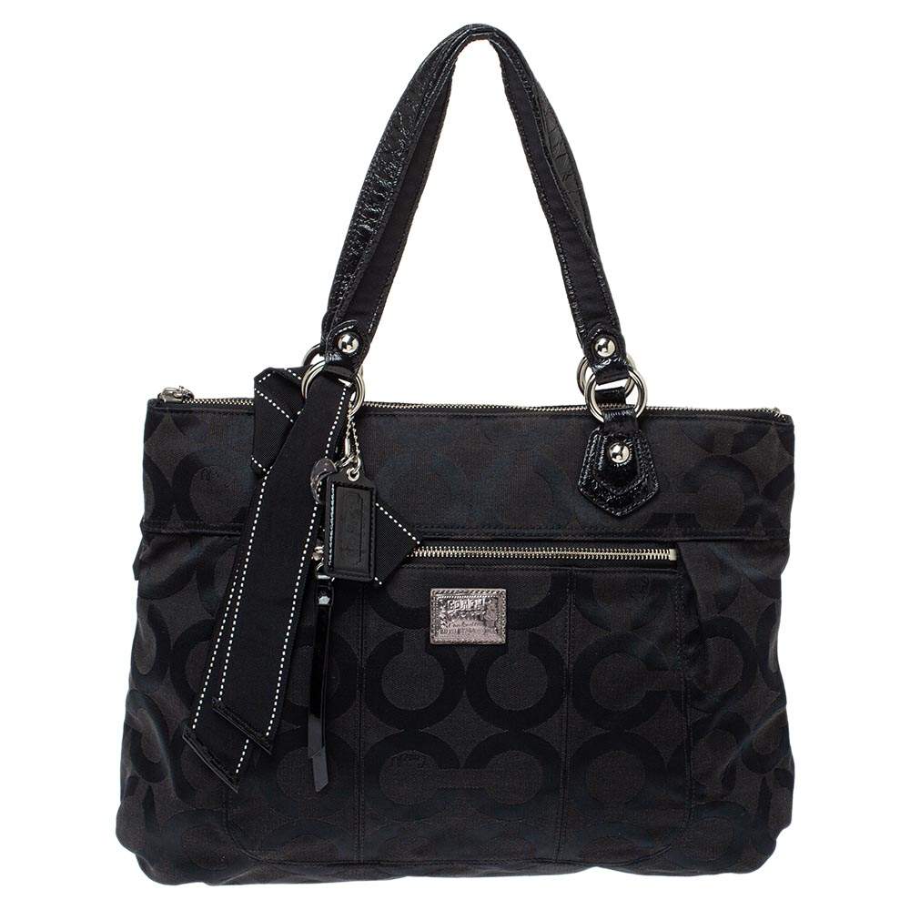 Pre Owned Coach Black Op Art Canvas and Patent Leather Glam Tote