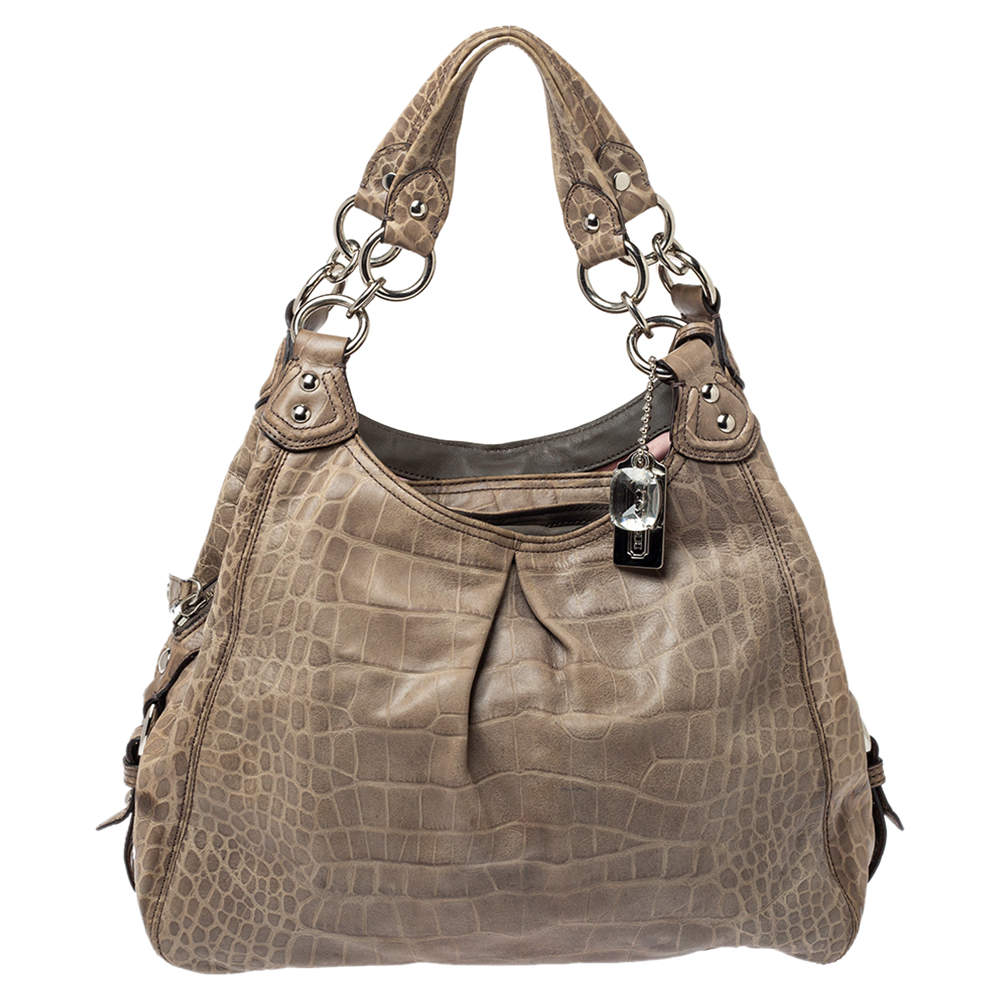 Pre Owned Coach Pale Green Croc Embossed Leather Madison Maggie Shoulder Bag