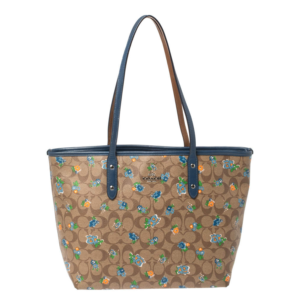 Pre Owned  Coach Blue/Beige Floral Print Signature Coated Canvas and Leather City Zip Tote