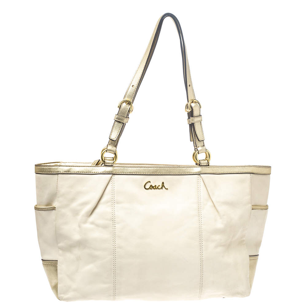 Coach Cream White/Metallic Gold Leather Gallery Lurex Tote
