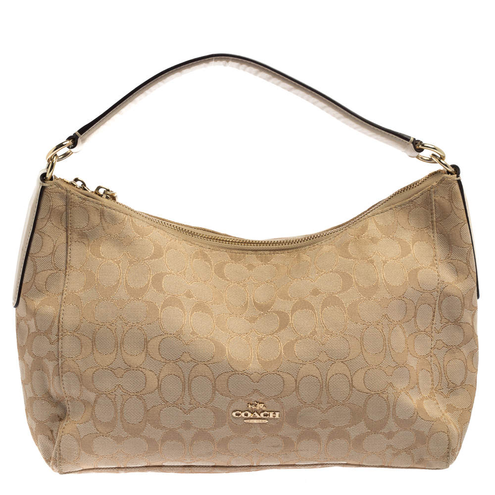 Coach Beige Signature Canvas and Leather East West Celeste Hobo