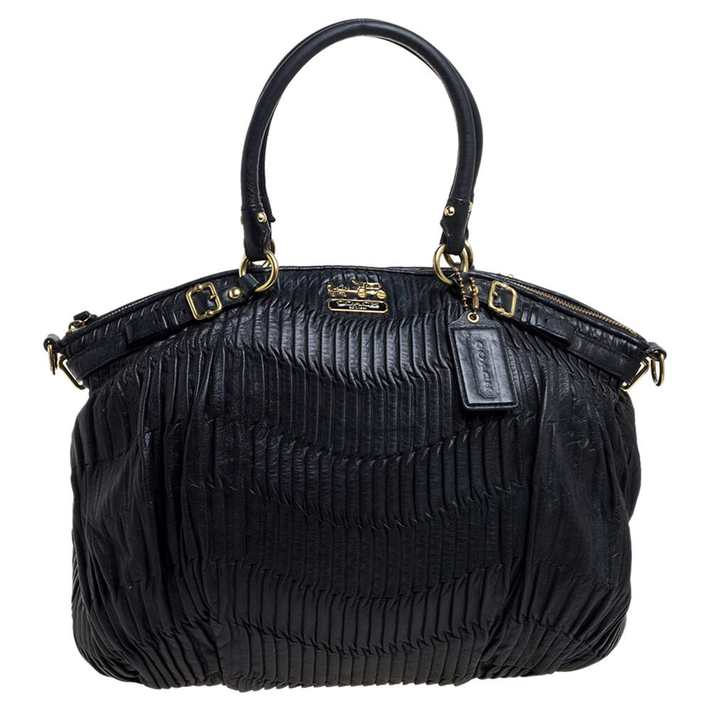 Pre Owned Coach Black Gathered Leather Lindsey Satchel