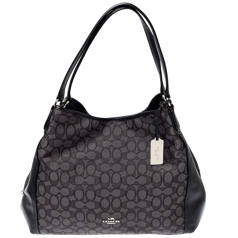 Pre Owned Coach Grey/Black Signature Coated Canvas and Leather Shoulder Bag