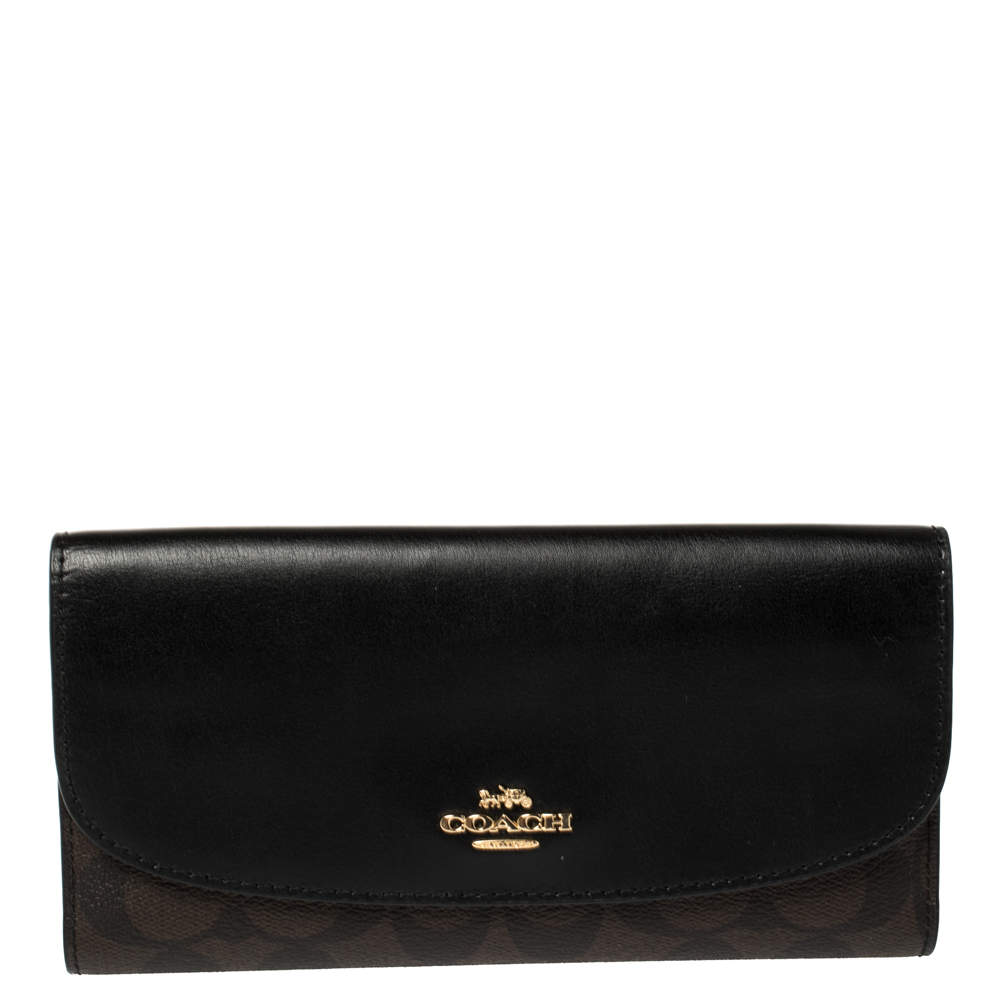 Pre Owned Coach Brown/Black Signature Coated Canvas and Leather Continental Wallet
