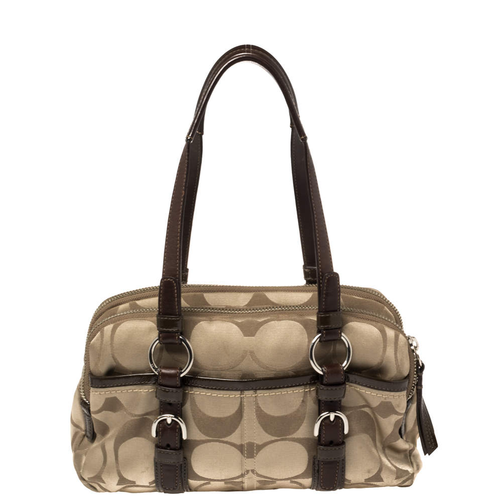 مملوكة مسبقًا Coach Brown/Beige Signature Fabric and Patent Leather Soho Satchel