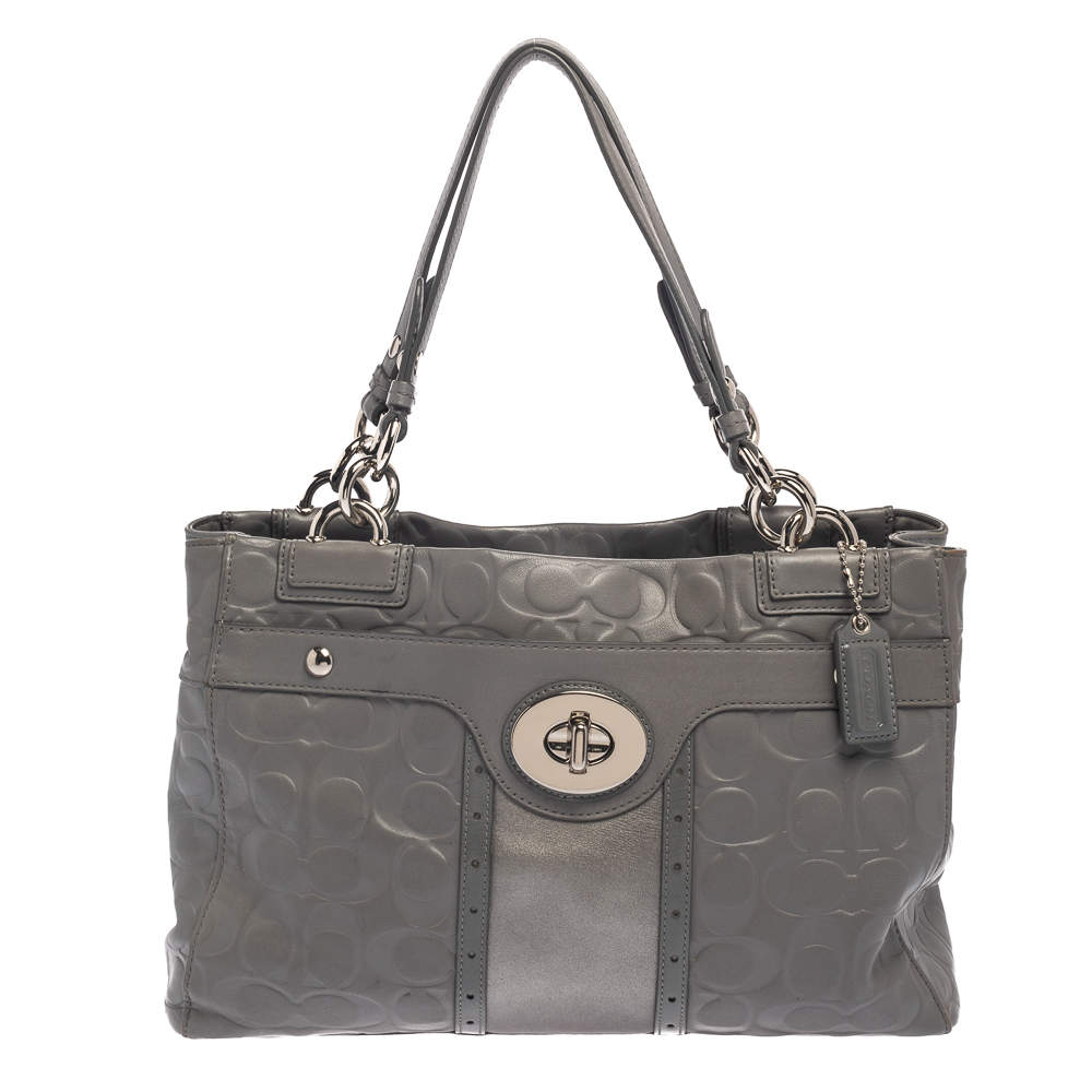 Coach Grey Signature Embossed Leather Penelope Carryall Tote