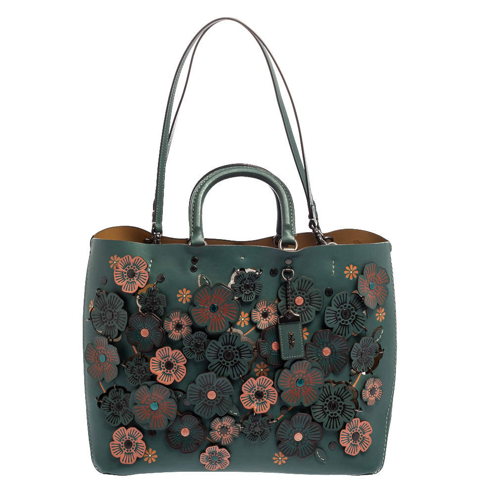 Pre Owned Coach Dark Green Floral Appliqué Leather Rogue Tote