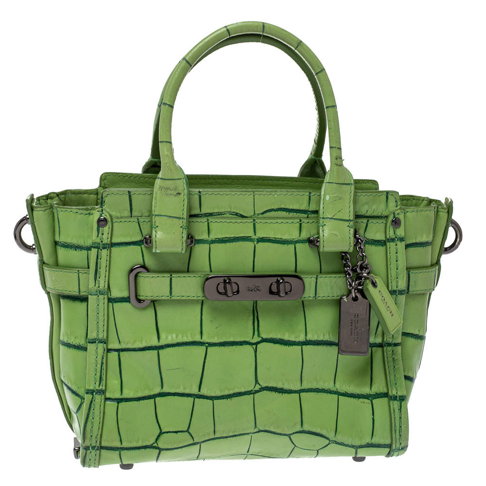Coach Green Croc Embossed Leather Swagger 20  Tote