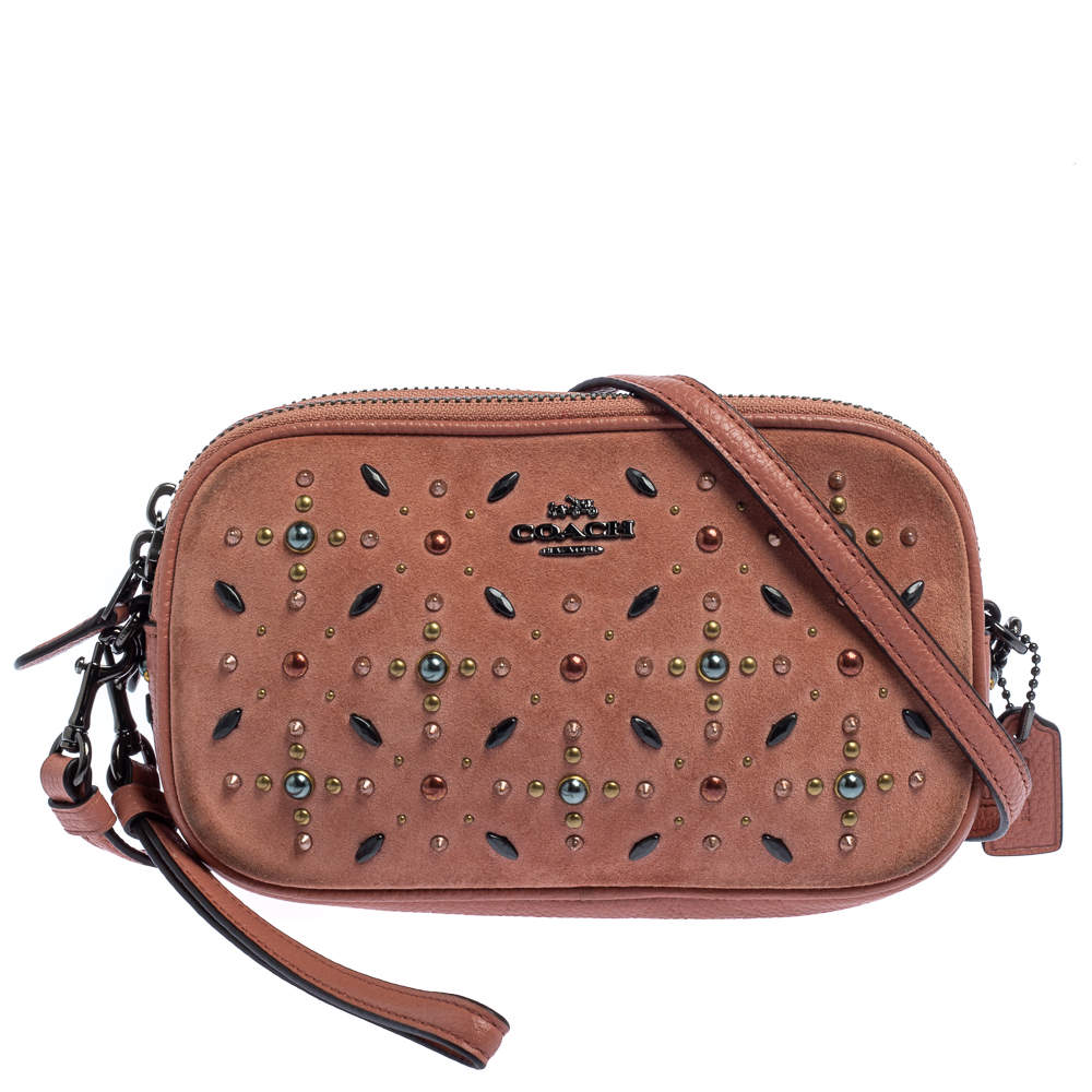 Coach Coral Orange Leather and Suede Rivets Saddie Crossbody Bag