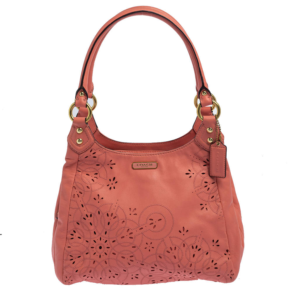 Coach Pink Leather Floral Laser Cut Hobo