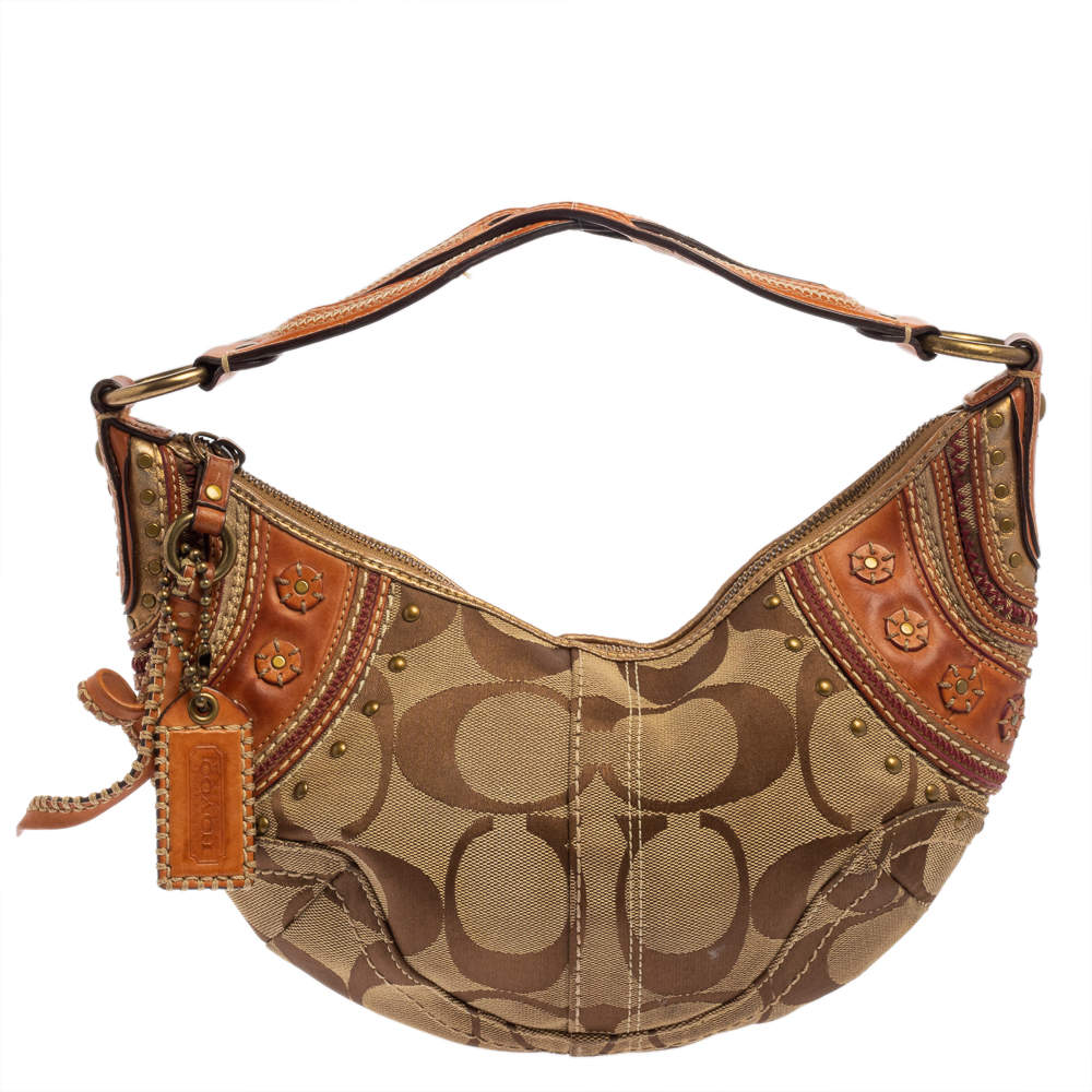 Coach Beige/Brown Signature Canvas and Leather Hobo