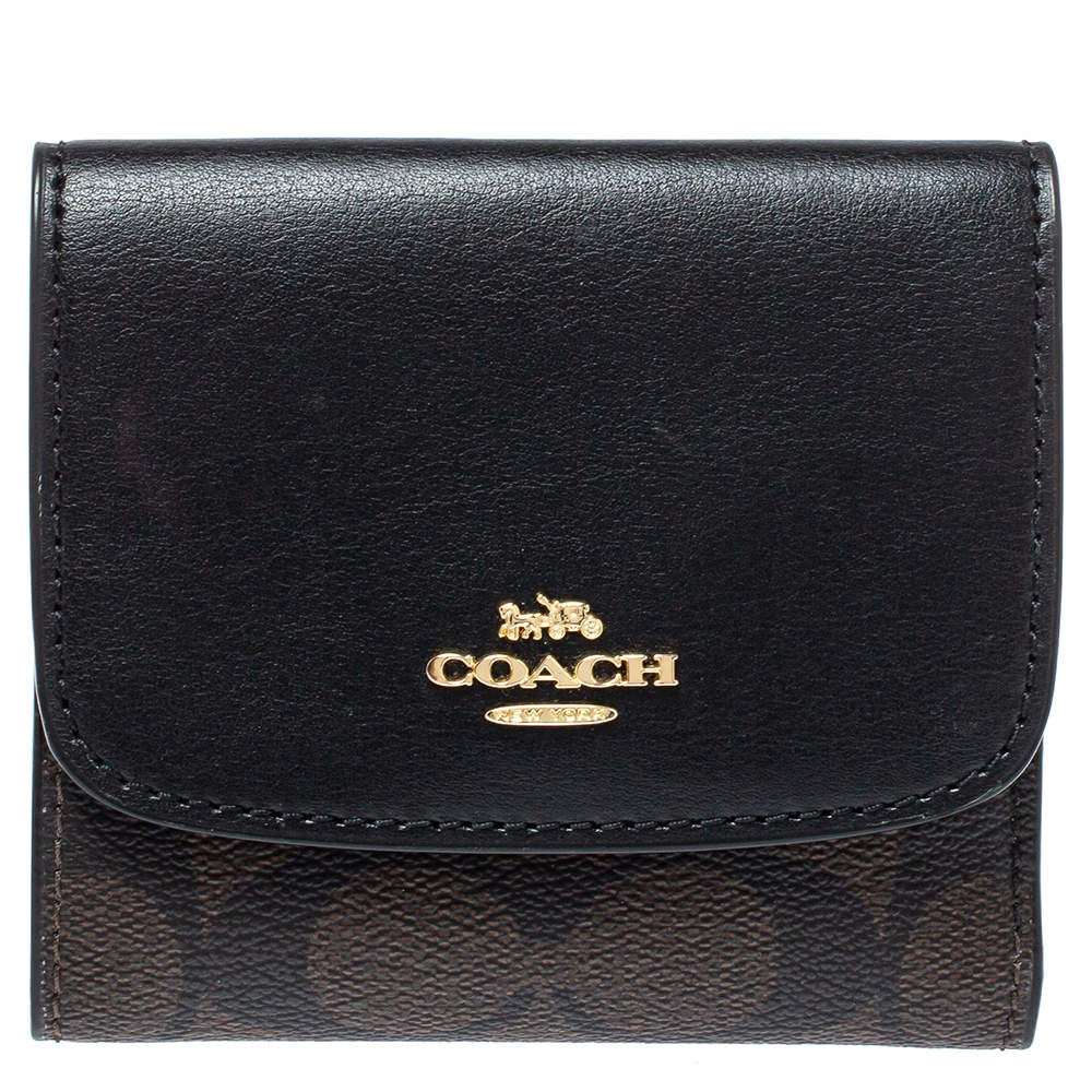 Pre Owned Coach Brown/Black Coated Canvas and Leather Trifold Wallet