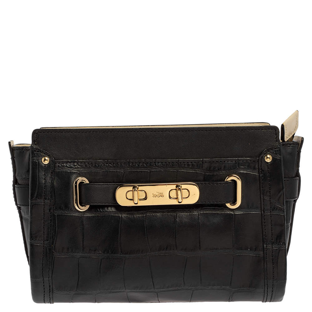 Pre Owned Coach Black Croc Embossed Leather Shoulder Bag
