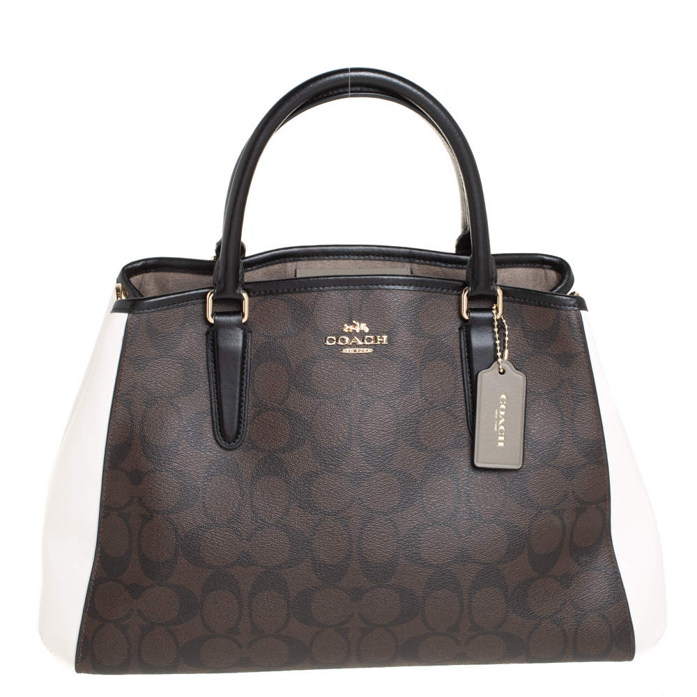 Pre Owned Coach Brown/White Signature Coated Canvas and Leather Sage Carryall Satchel