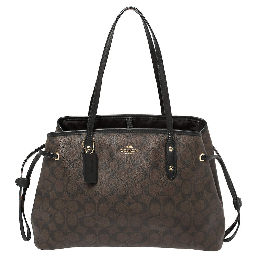 Pre Owned Coach Dark Brown Signature Coated Canvas and Leather Drawstring Carryall Satchel