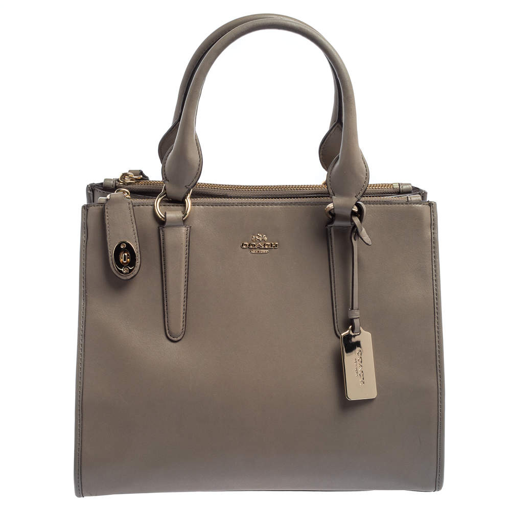 Pre Owned Coach Grey Leather Crosby Carryall Double Zip Tote