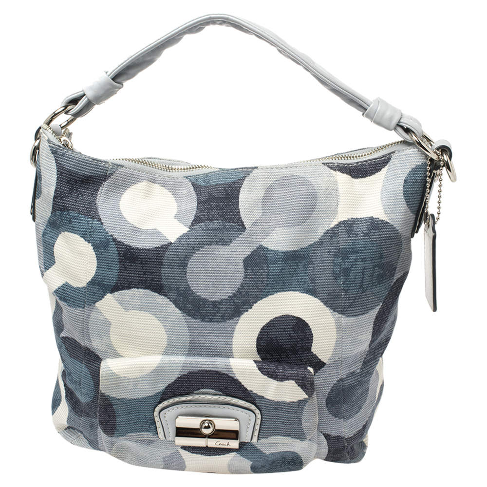 Pre Owned Coach Blue/White Op Art Canvas and Leather Kristin Hobo