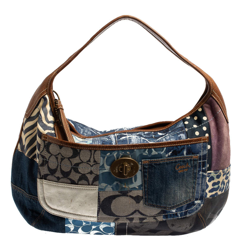 Coach Multicolor Denim, Fabric and Leather Patchwork Hobo