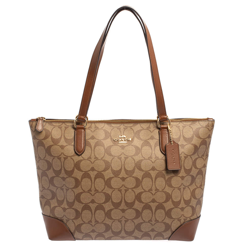 Pre Owned Coach Beige/Brown Signature Coated Canvas and Leather Top Zip Tote