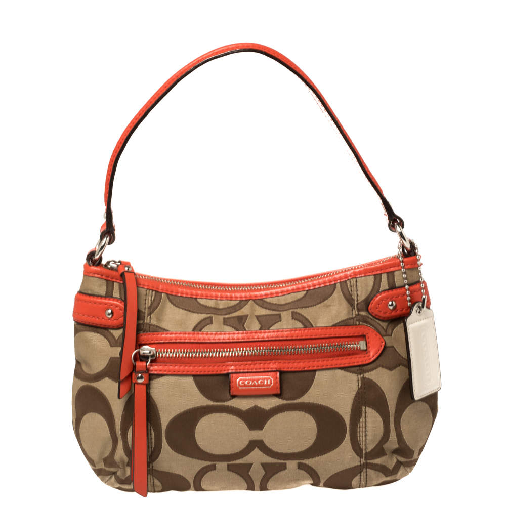 Pre Owned Coach Beige/Orange Signature Canvas and Leather Daisy Hobo