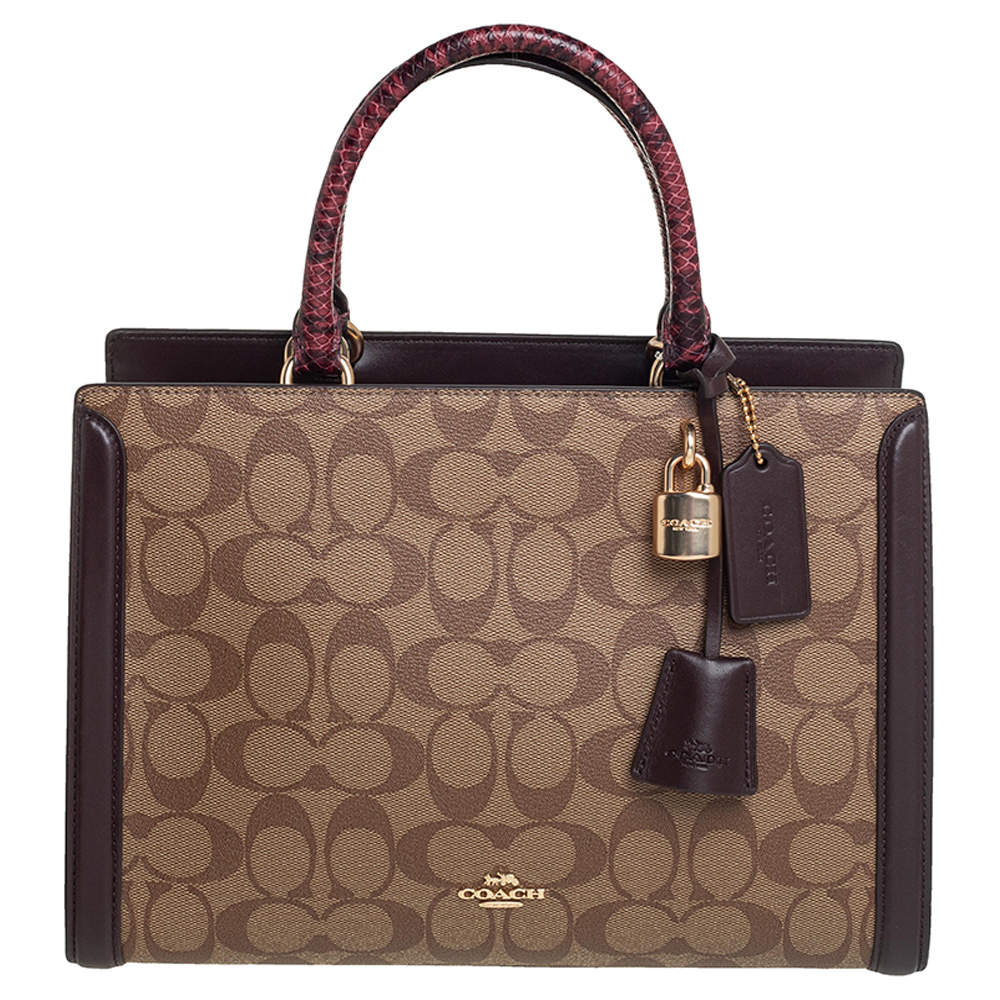 Pre Owned Coach Beige/Burgundy Signature Coated and Leather Zoe Carryall Tote