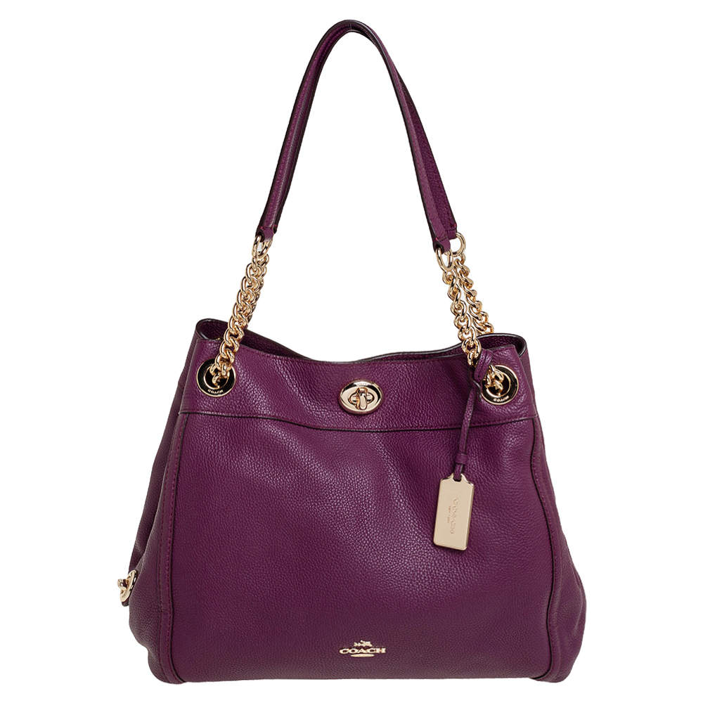 Pre Owned Coach Purple Leather Edie Turnlock Shoulder Bag     