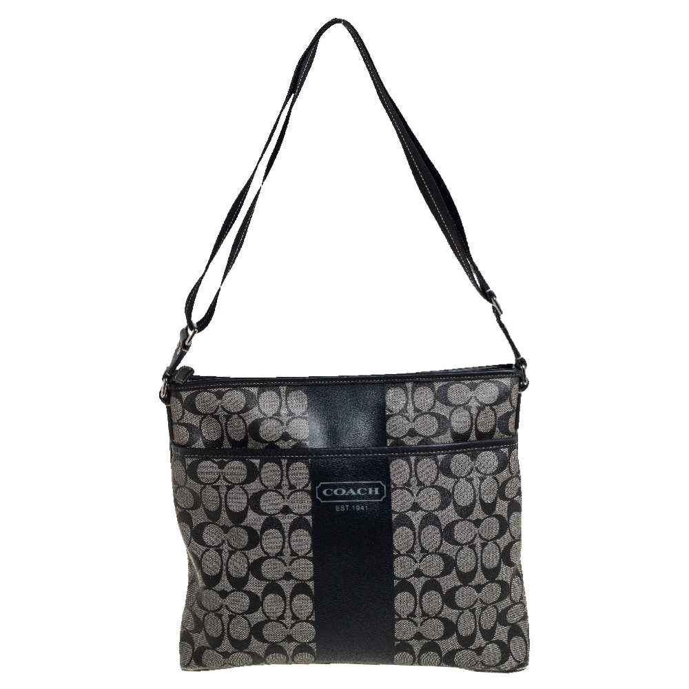 Coach Black Signature Coated Canvas and Leather Heritage Messenger Bag