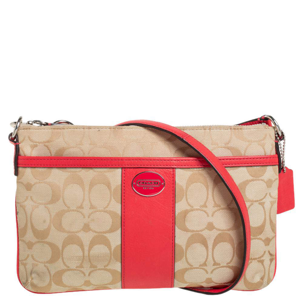 Pre Owned Coach Brown/Orange Signature Canvas and Leather Crossbody Bag