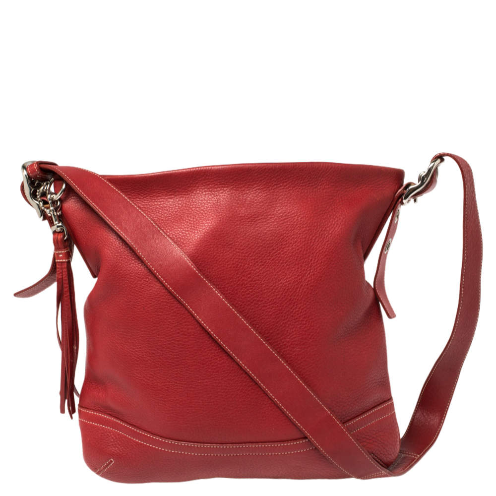 Pre Owned Coach Red Grained Leather Tassel Shoulder Bag