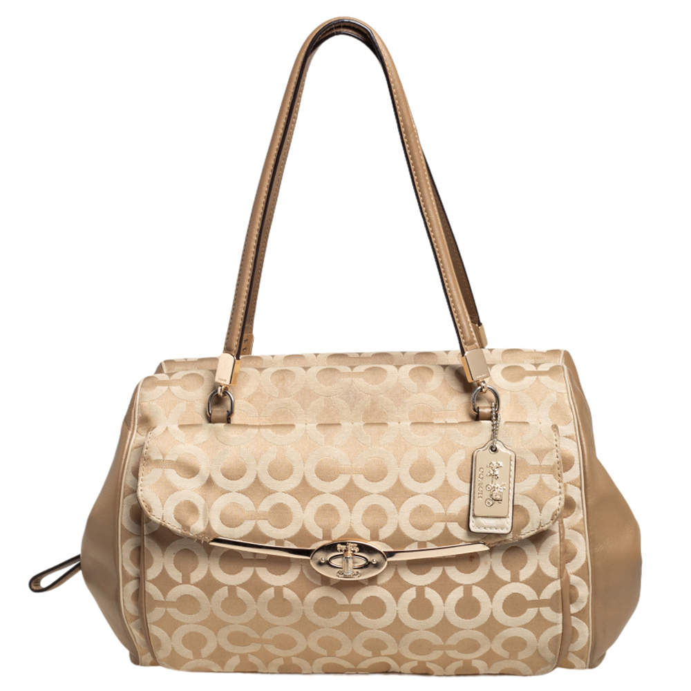 Pre Owned Coach Beige Op Art Canvas Madison Madeline East-West Satchel